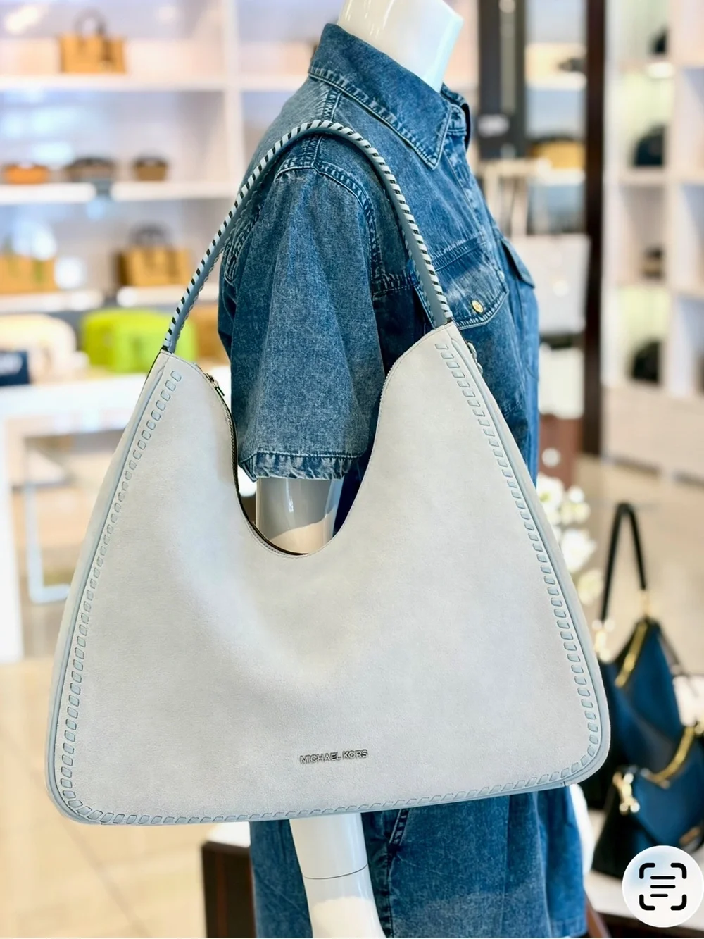 MICHAEL KORS Nayla Medium Suede Hobo Shoulder Bag Pale Blue  NWT